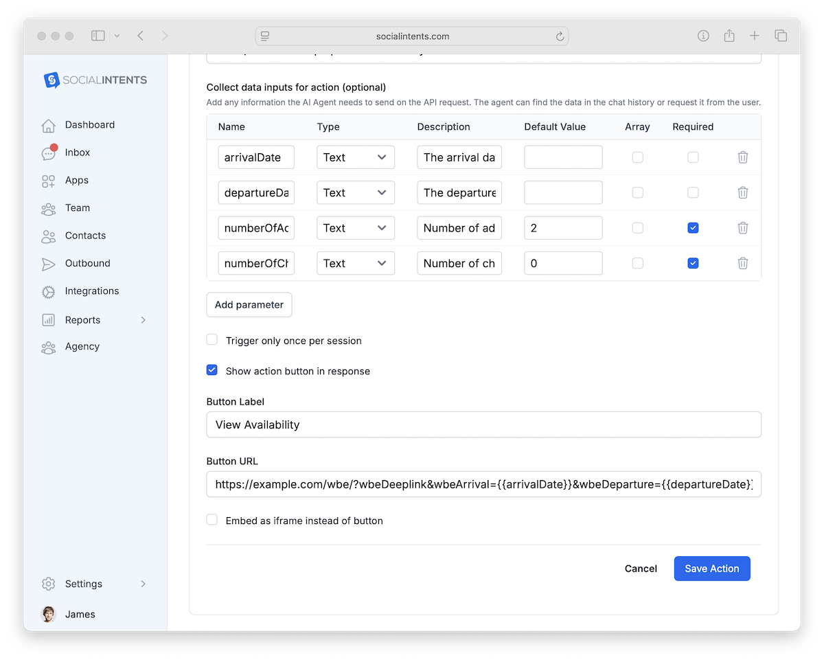 Custom Button action settings with URL template variables